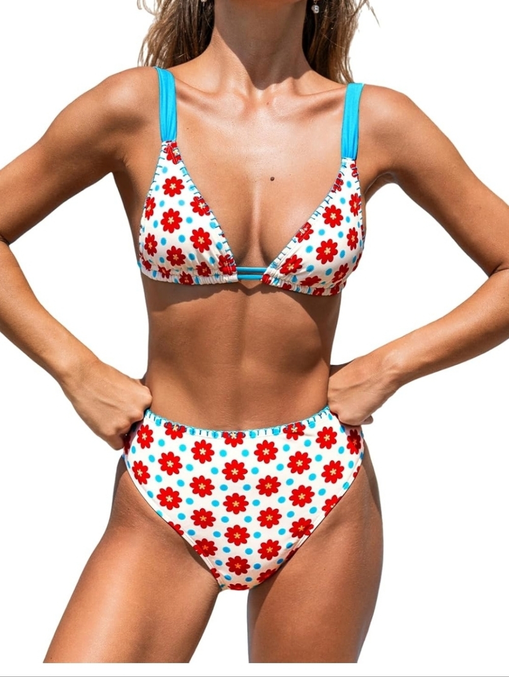 Cupshe White Bikini with Red Floral Print and Turquoise Straps